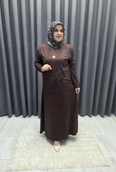 Büyük Beden İnci Etekli İkili Takım Kahverengi